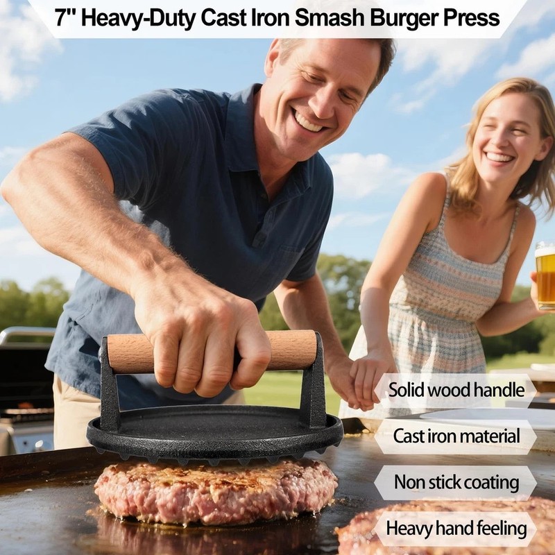 7"Cast Iron Smash Burger Press Hamburger Patty Maker Stainless Steel Spatula gallery