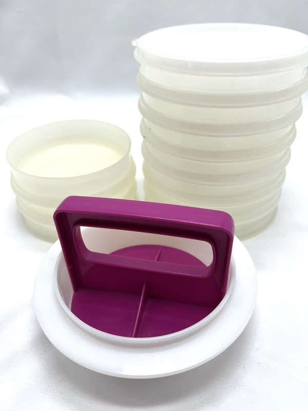 VTG Tupperware Hamburger Patty Press 3 #882 & 7 #1927 Keepers 1Lid & 1 Press USA gallery