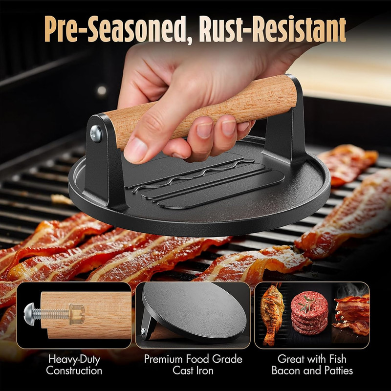 Smash Burger Press, Pre-Seasoned Cast Iron Hamburger Smasher, 2 Lb Heavy-Duty Gr gallery