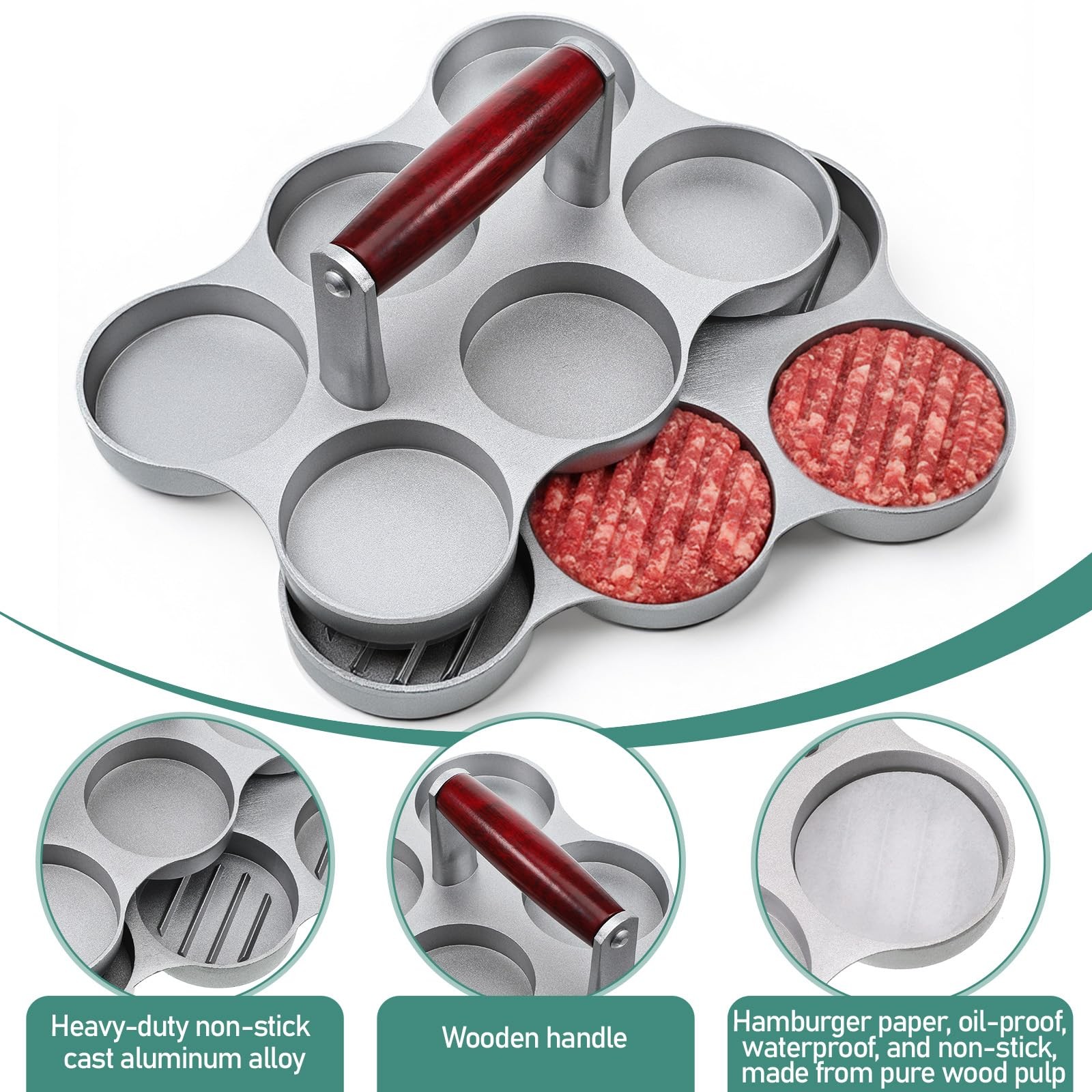 Mini Burger Press Small Meat Patty Maker with 300 Patty Papers and 6 Round Sh... gallery