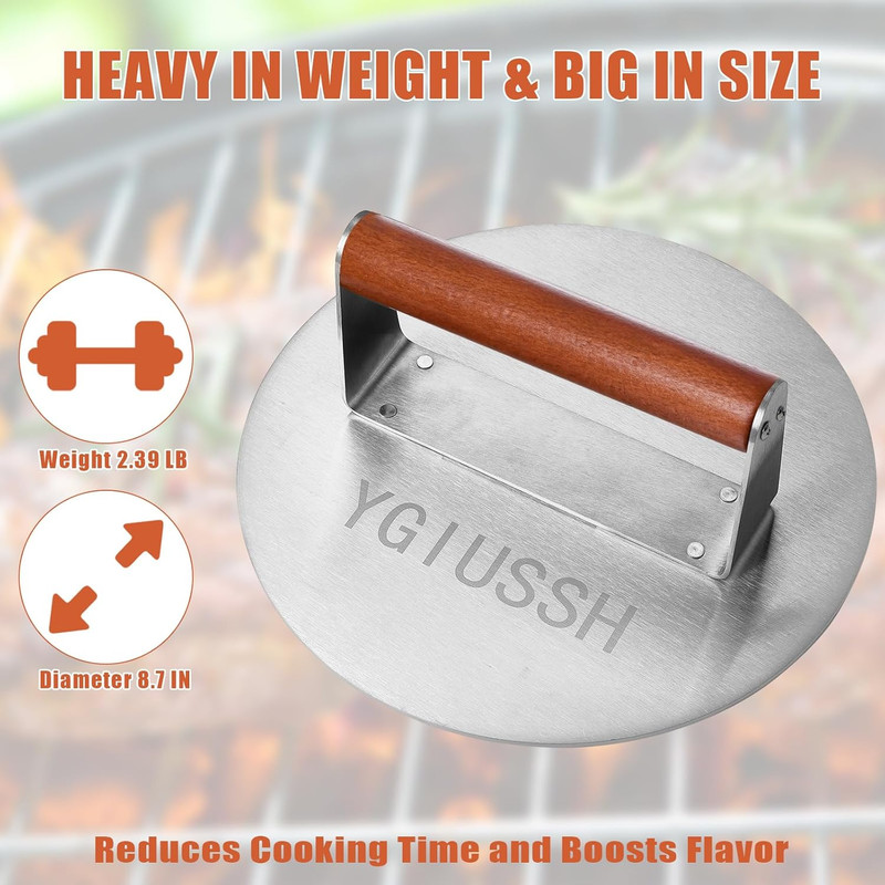 8.7 Inch Heavy-Duty Grill Press with Beech Wood Handle Stainless Steel Bacon Pre gallery