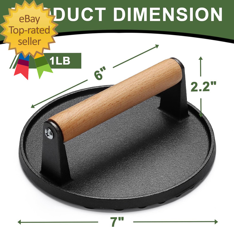 Burger Press, 7" round Heavy-Duty Cast Iron Smash Bacon Press Meat Steak gallery