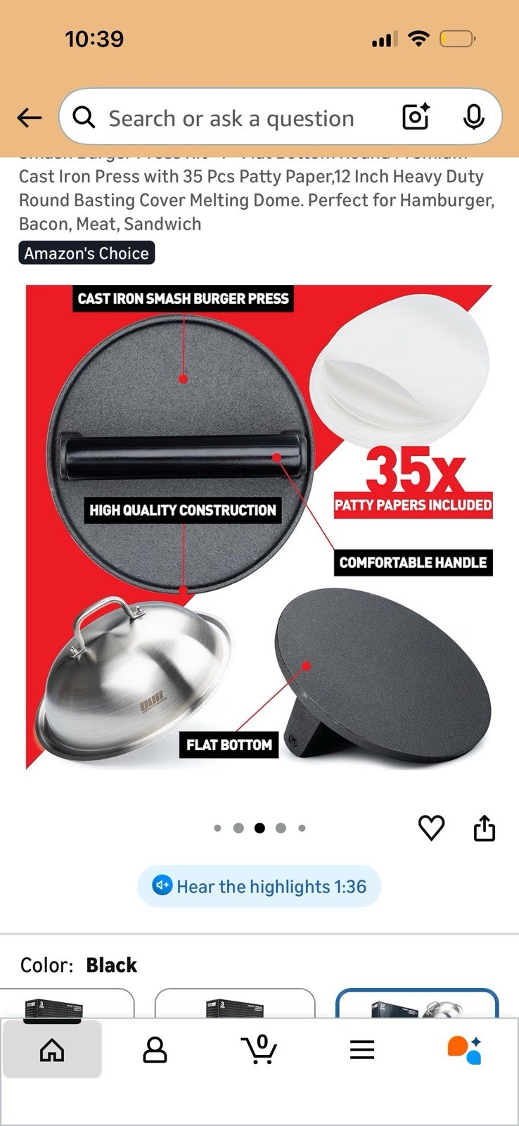 Smash Burger Press Kit– 7''Flat Cast Iron Press & 12”Basting Cover Melting Dome gallery