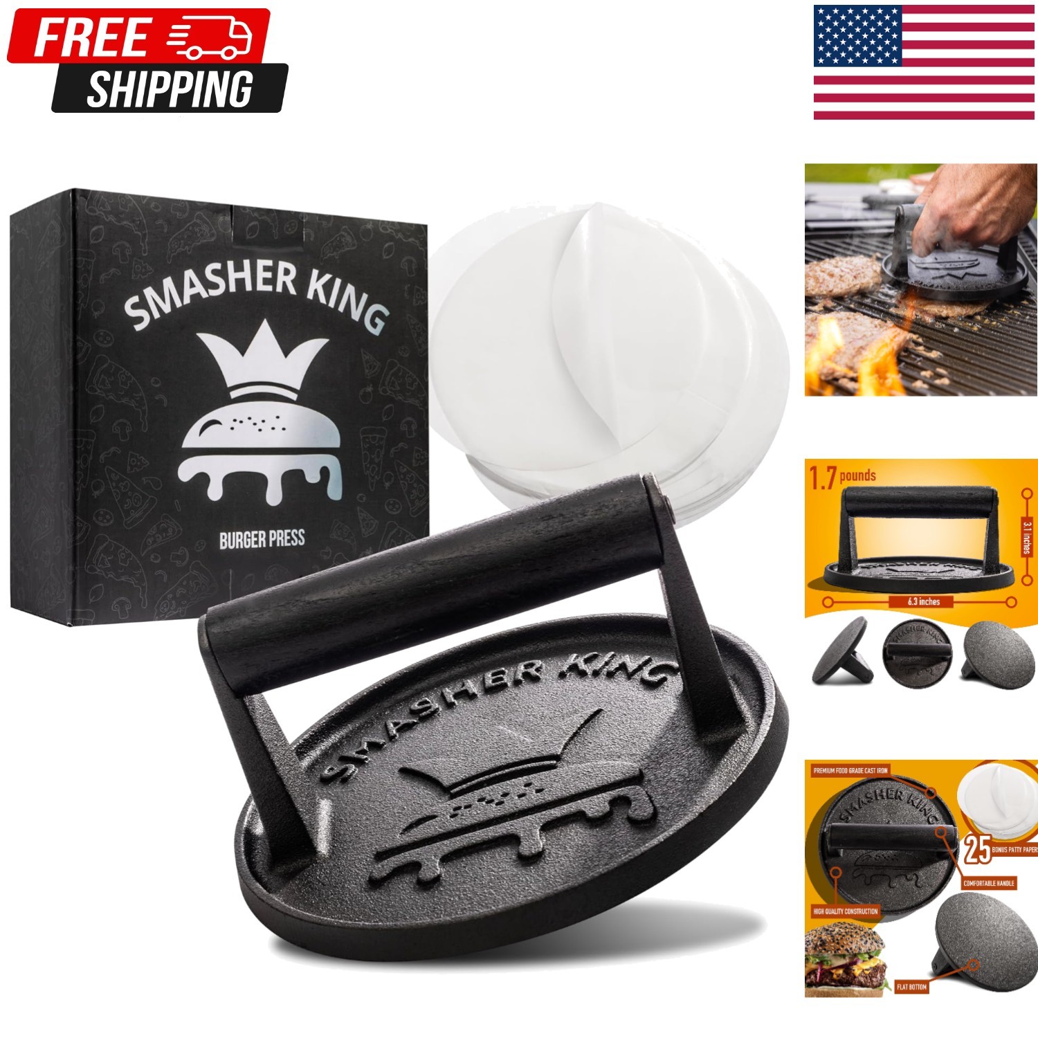 SMASHER KING™ - Cast Iron Smash Burger Press Incl. 25 Pcs of Patty Paper gallery