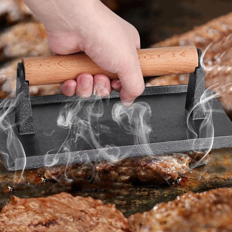 Cast Iron Grill Press Bacon Burger Meat Flattener Wood Handle 8.1x4.2in gallery