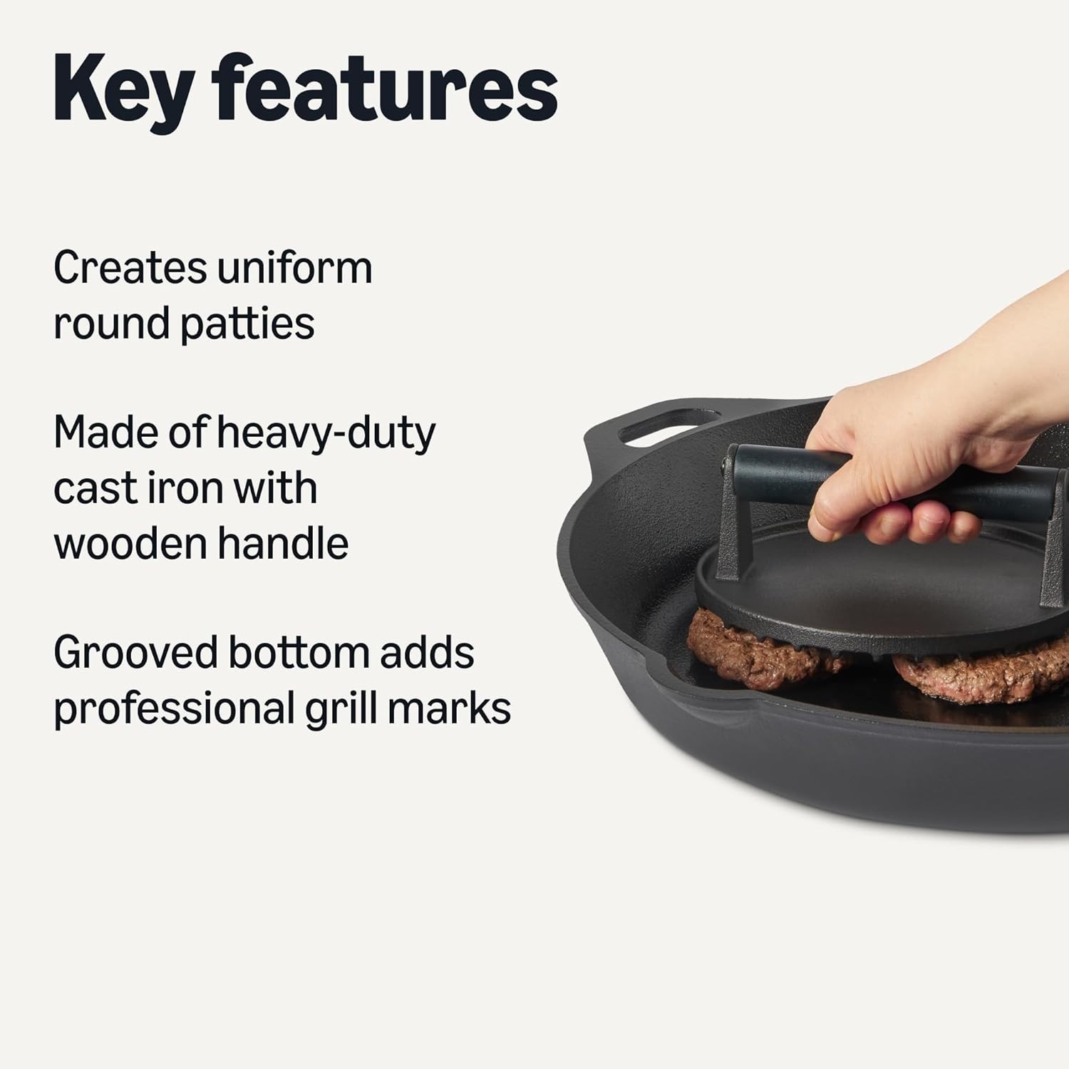 Amazon Basics Cast Iron Burger Press with Wooden Handle, Round, 6.8 x 6.8 x 2.7 gallery