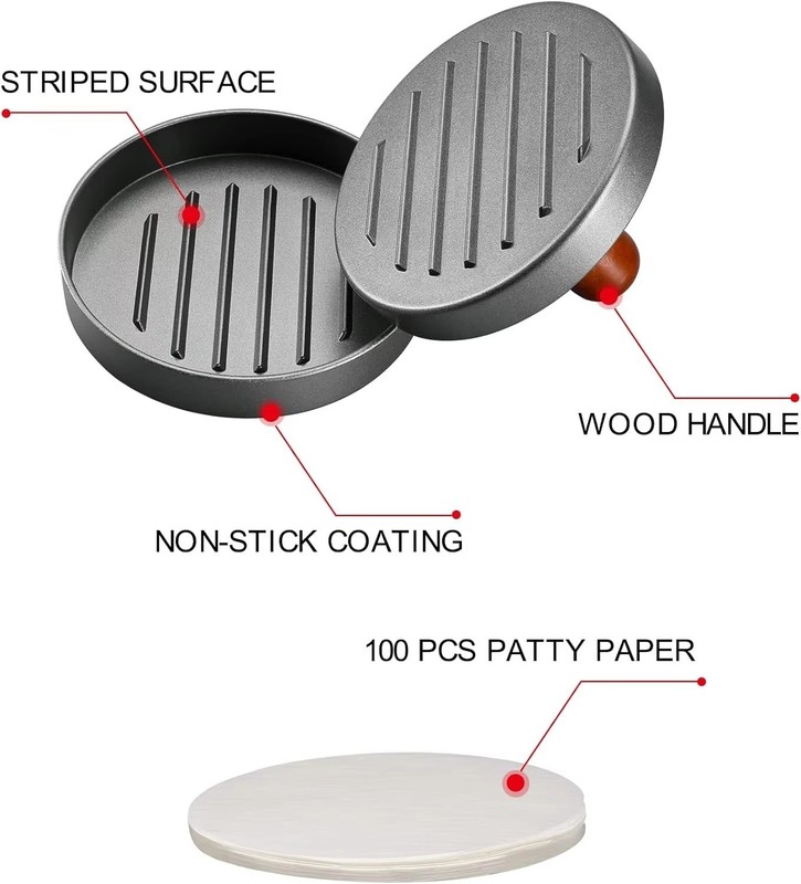 Stainless Steel Burger Press – Patty Maker with Wood Handle & 100 Papers gallery