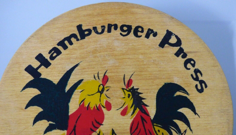 Rooster Chicken Hamburger Burger Press Wooden Fighting Hand Painted Vintage gallery
