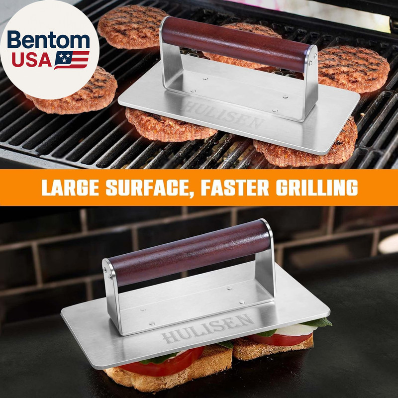 Stainless Steel Bacon Press, 9 Inch Large Heavy Duty Burger Press with Wood Hand gallery