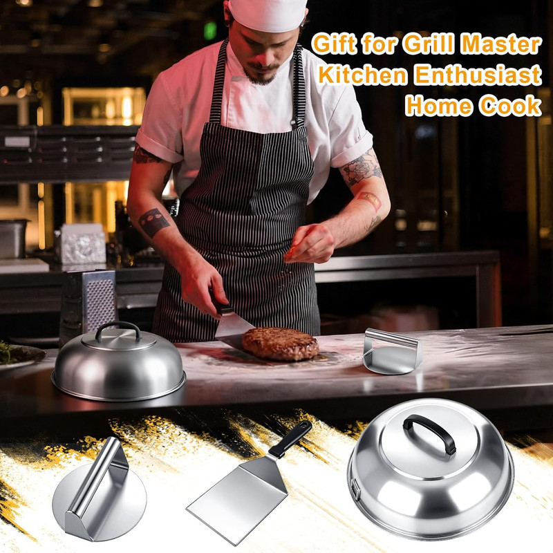 3 Pcs Smash Burger Kit 12" Cheese Melting Cover and 8.5" Burger Press with Grill gallery