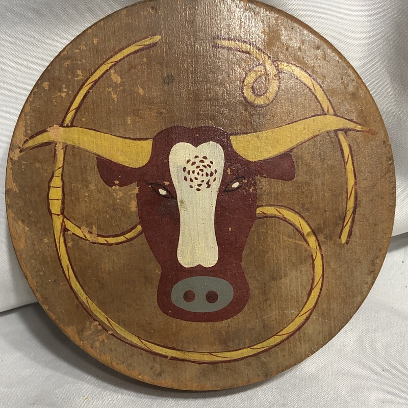Vtg Burger Press Steer Bull Cow Horns Lariat Wood 5.5” Diameter Wallhanging/344m gallery