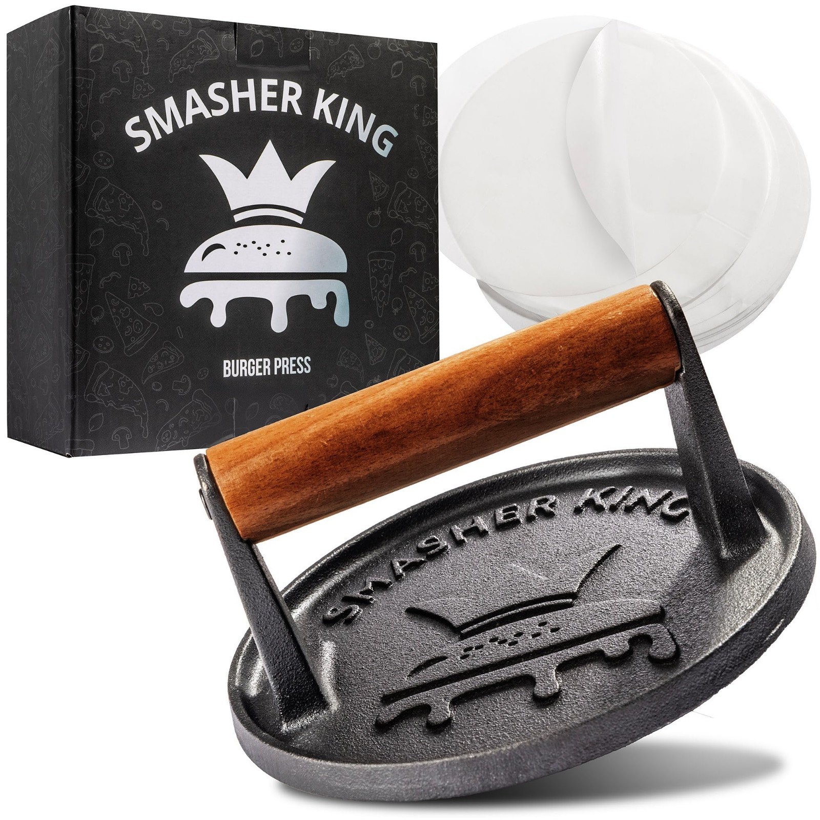 Cast Iron Smash Burger Press - Heavy Duty Hamburger Patty Maker Kit with 25 Pape gallery