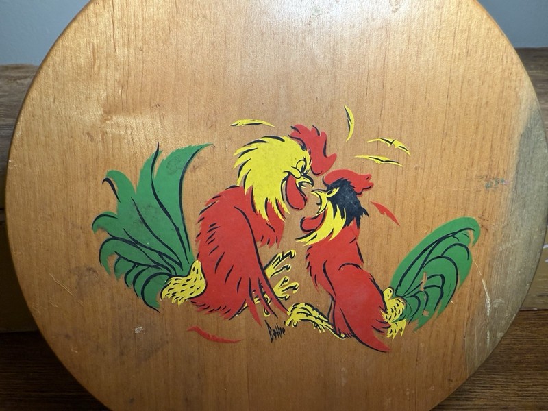 Fighting rooster hamburger press wood wooden round Mid Century cock fight Japan gallery