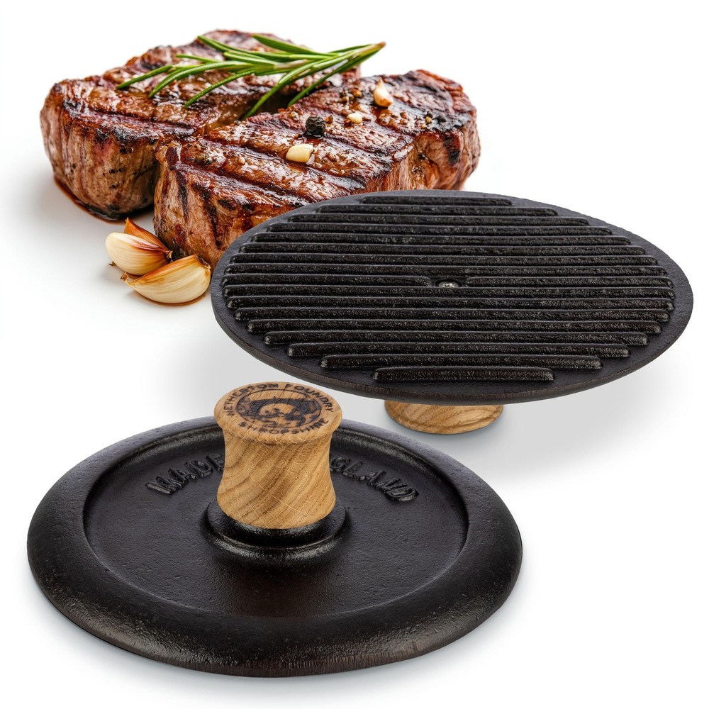 Grill Press and Steak Weight - 7.25” Round Heavy-Duty Cast Iron Burger Press ...