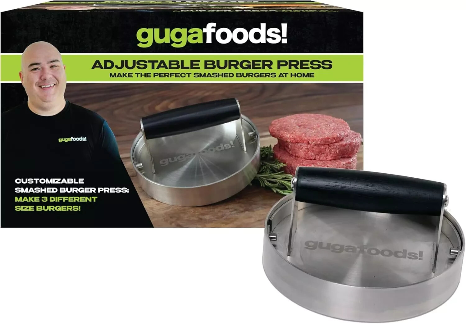 Beef Venison Adjustable Smashed Burger Press Stainless Steel for Hamburgers NIB gallery