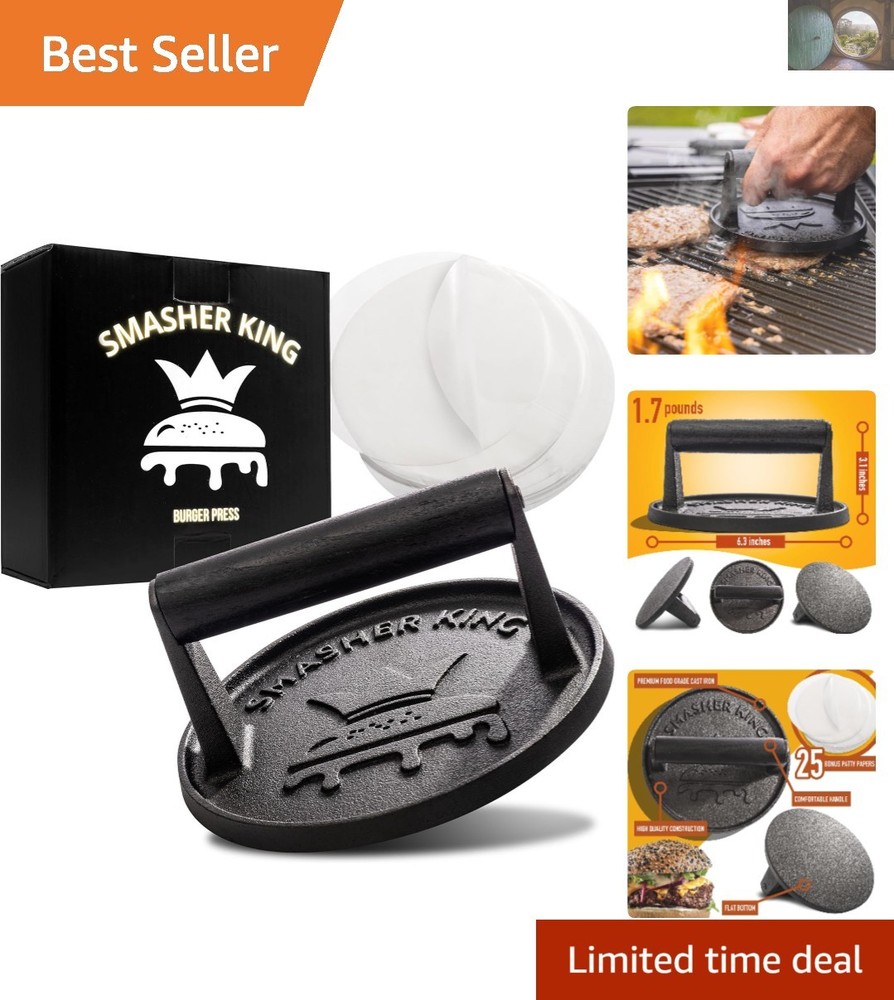 Durable Cast Iron Burger Press Kit – Includes 25 Patty Papers for Easy Cooking