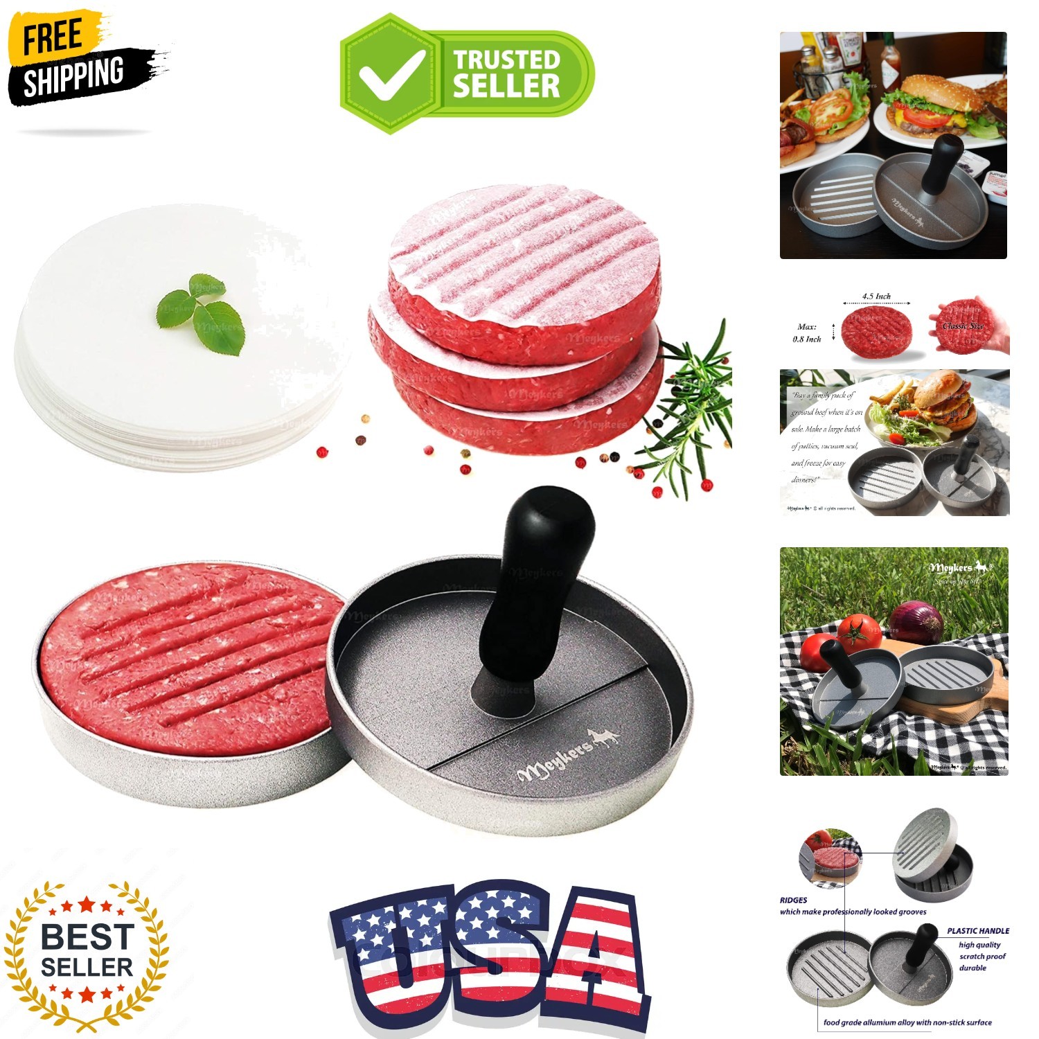 Burger Press 100 Patty Papers Set | Non-Stick Hamburger Mold with Free Wax Pa... gallery