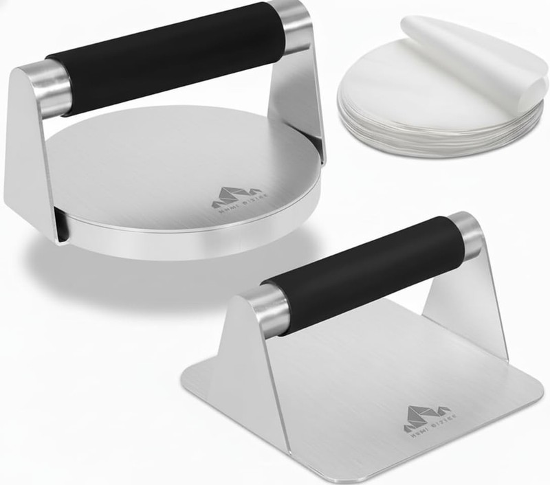 Stainless Steel Burger Press 5.5" Round & Square - Non-Stick Meat Masher + 100 P gallery