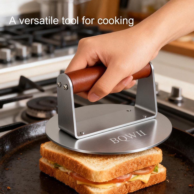 Burger Press Round Stainless Steel Meat Patty Maker Wood Handle 6.3 Inch gallery