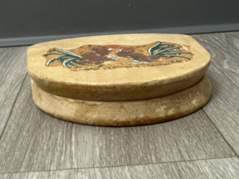 Vintage Wooden Hamburger Press Hand-Painted Folk Art Fighting Roosters Chicken gallery