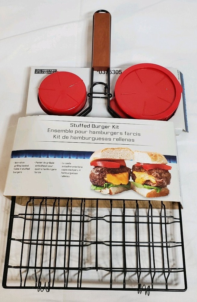 Master Forge Stuffed Burger Kit - Press & Non- Stick Grilling Basket for 4