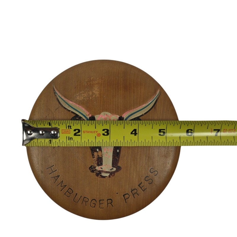 Wood Hinged Hamburger Press Hand Painted Bull Steer Longhorn Vintage 1950's gallery