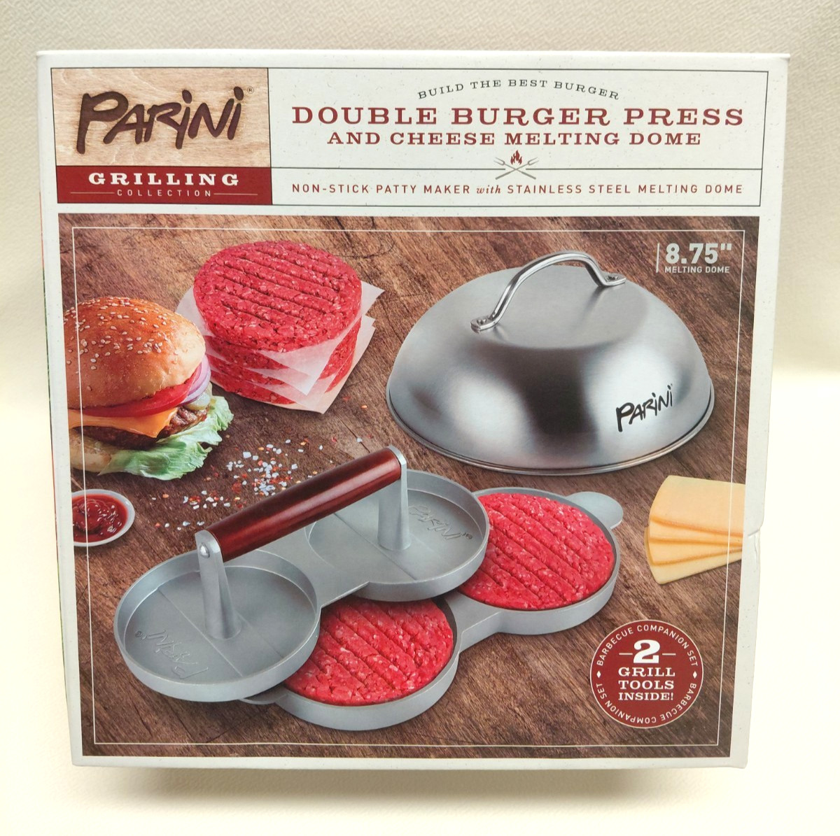 Double Burger Press & 8.75" Cheese Melting Dome by Parini Stainless Steel NEW gallery