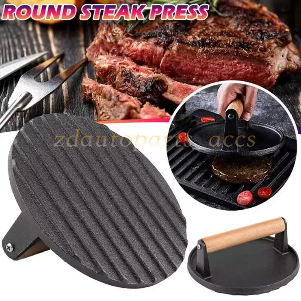 Burger Press, 7" round Heavy-Duty Cast Iron Smash Bacon Press Meat Steak NEW