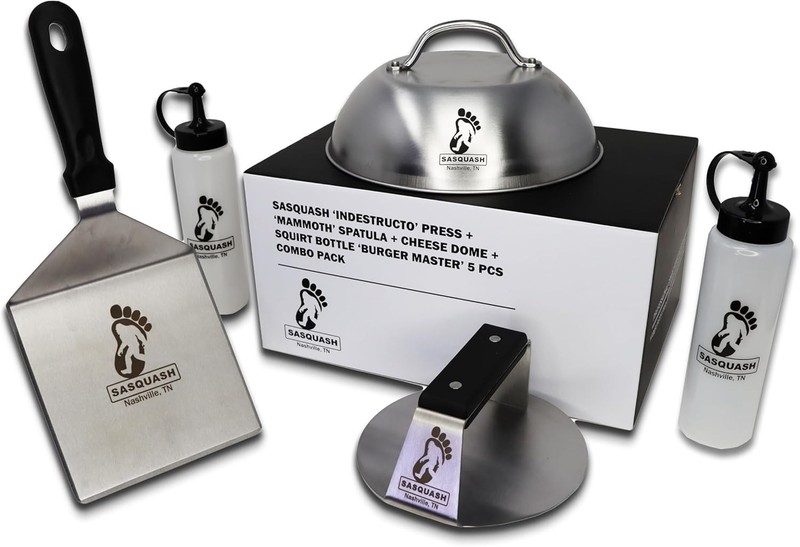 5 Piece Smash Burger Set with 6 Inch Press, Spatula, Dome & Squirt Bottles gallery