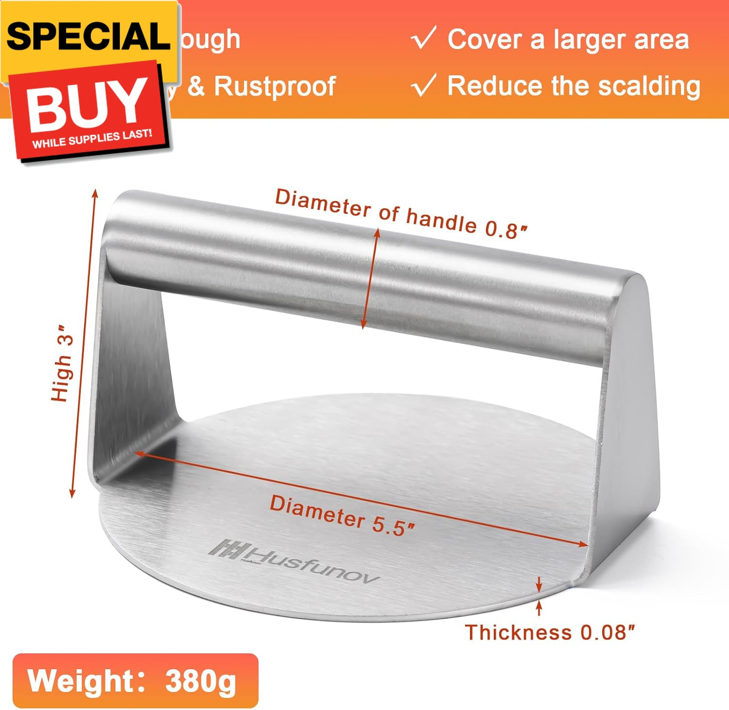 Stainless Steel Burger Press, 5.5 Inch Round Smasher,Non-Stick Smooth Hamburger gallery
