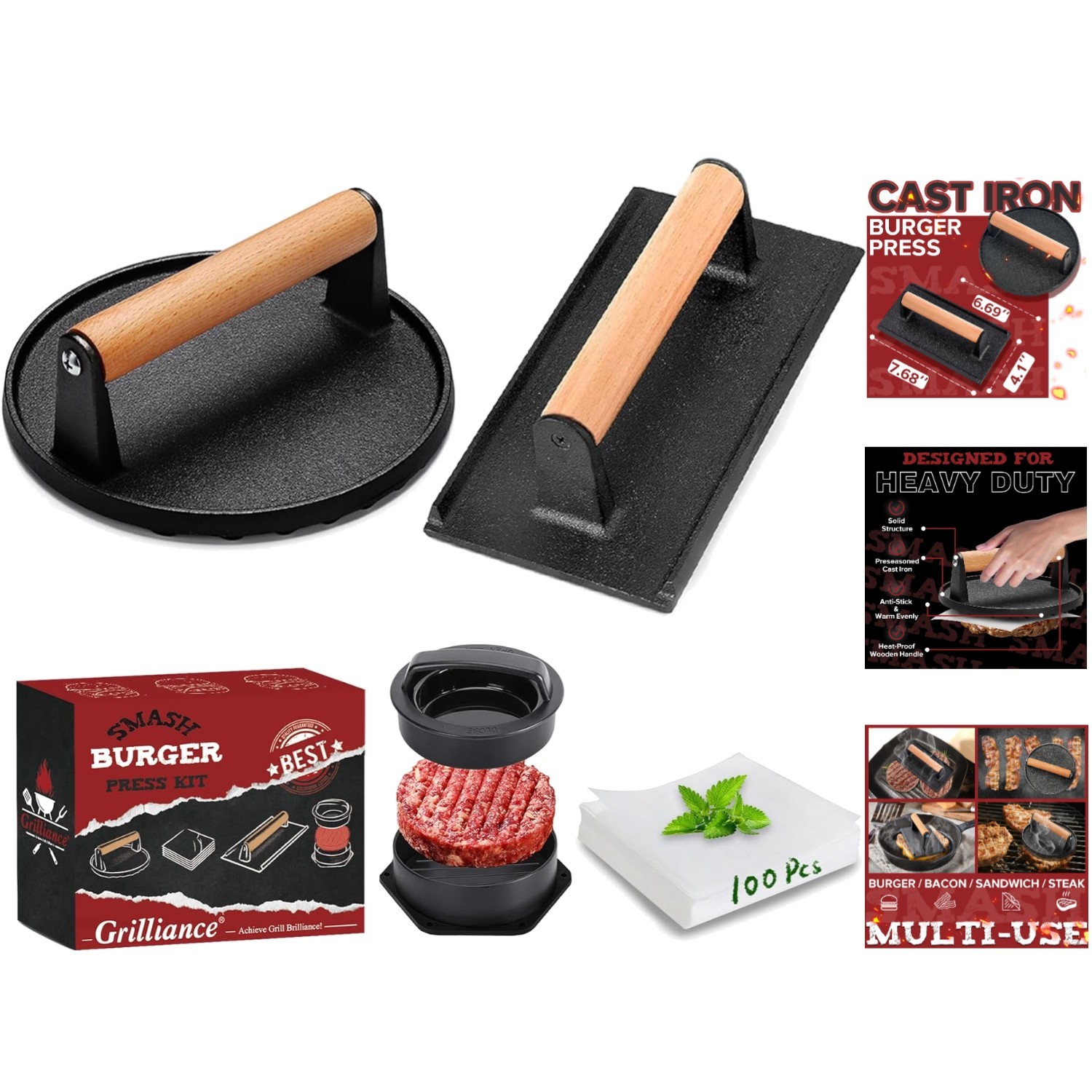 3-in-1 Burger Press Patty Maker Set with Parchment Paper - Heavy-Duty Grill Tool gallery
