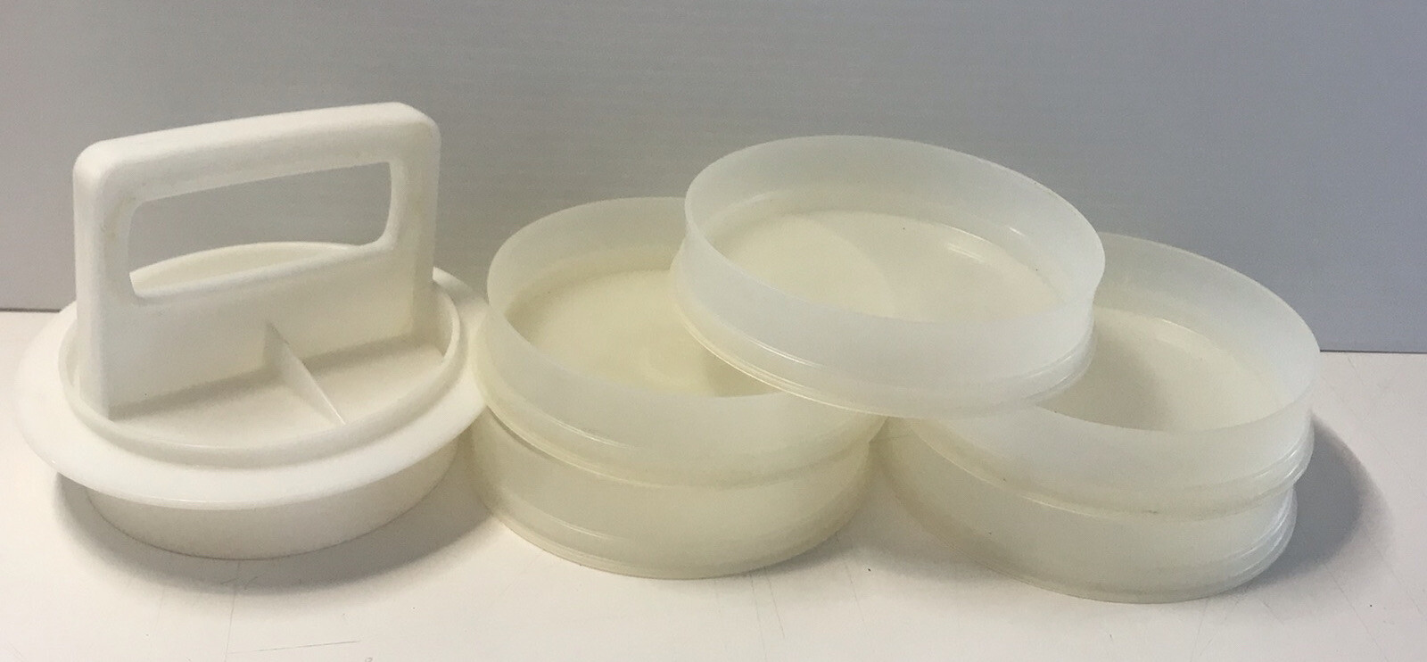 Tupperware Hamburger Press 2 piece With 5 Storage Containers Vintage BBQ Grill gallery