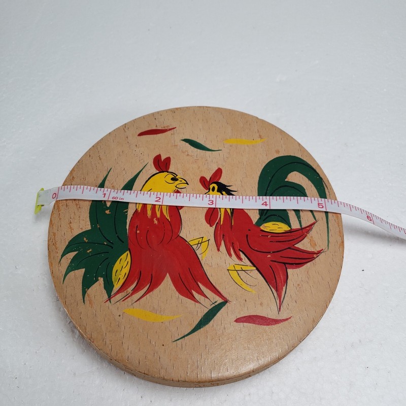 Wooden Hinged Round Hamburger / Patty Press Painted Roosters Vintage Japan gallery