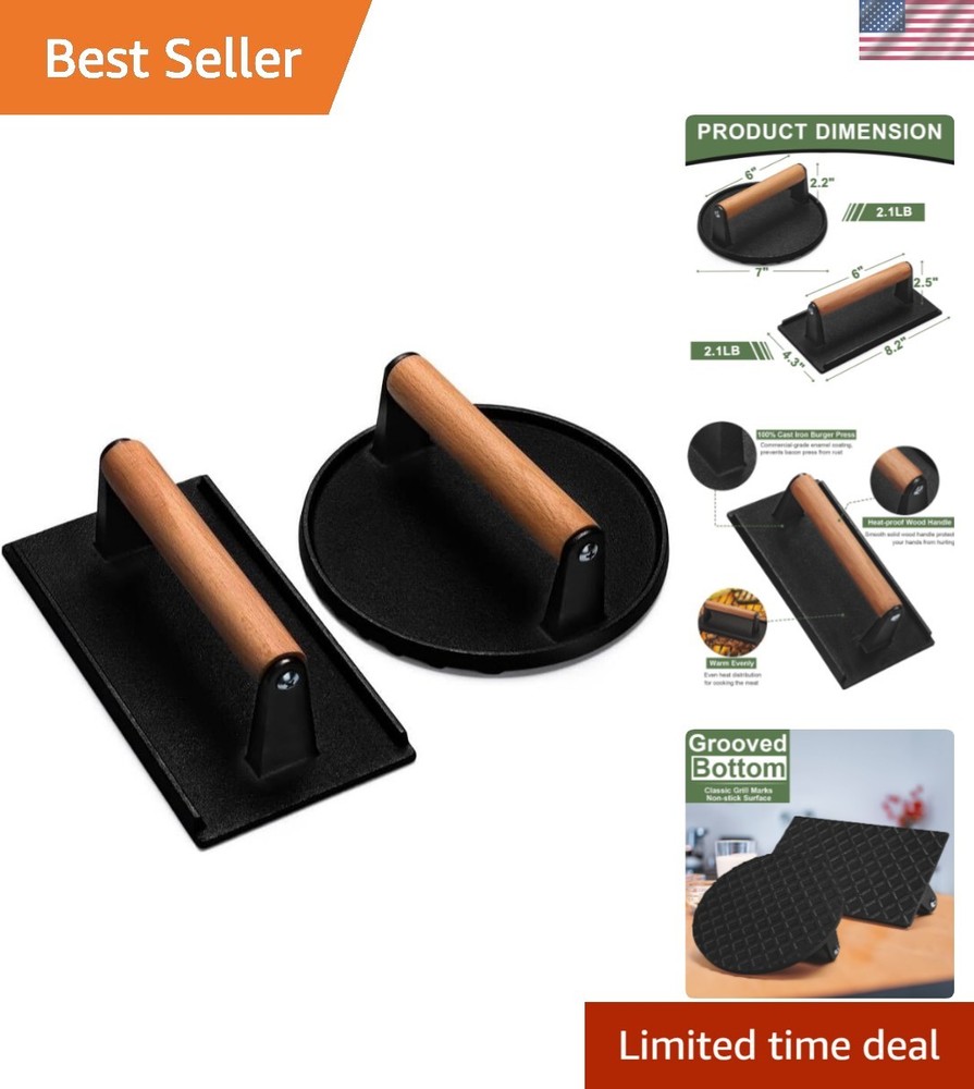 Burger Press, 7" Round & 8.2"X4.3" Rectangle Heavy-Duty Cast Iron Smash Bacon...