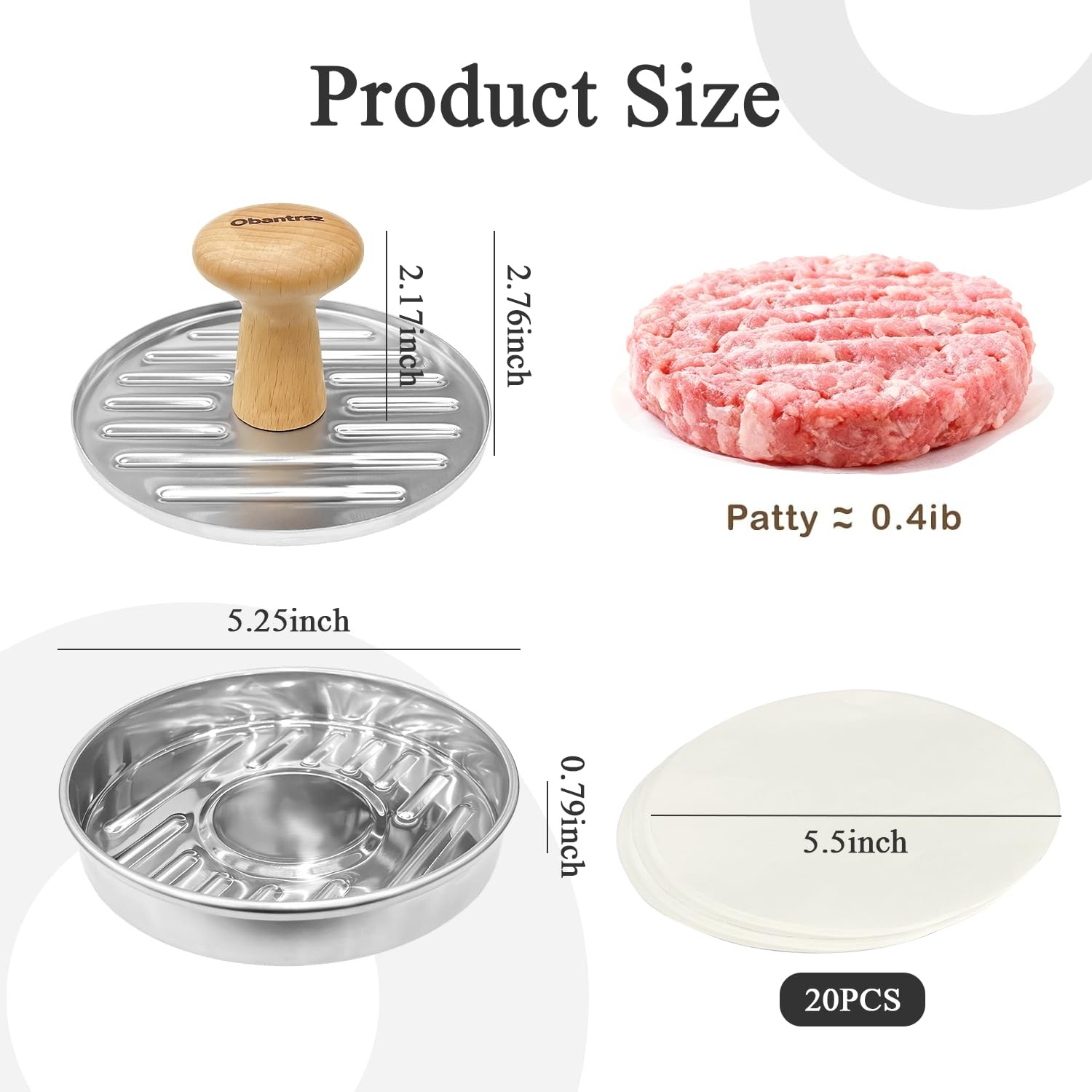 Hamburger Press Patty Maker 5 Inch Stainless Steel NonStick 20 Wax Papers gallery