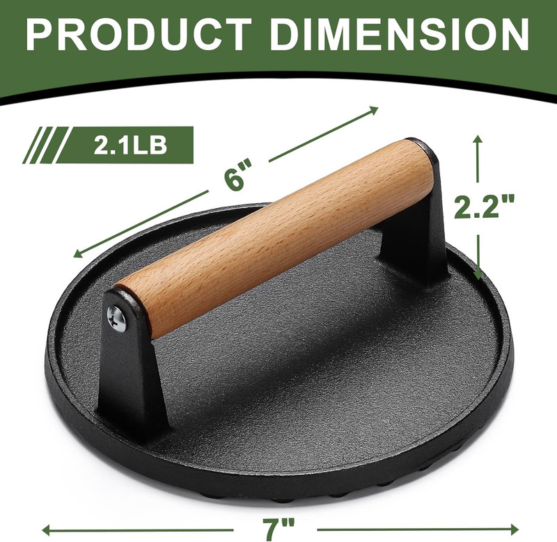 Heavy-Duty 7" Round Cast Iron Smash Bacon Burger Press Wood Handle Grilling gallery