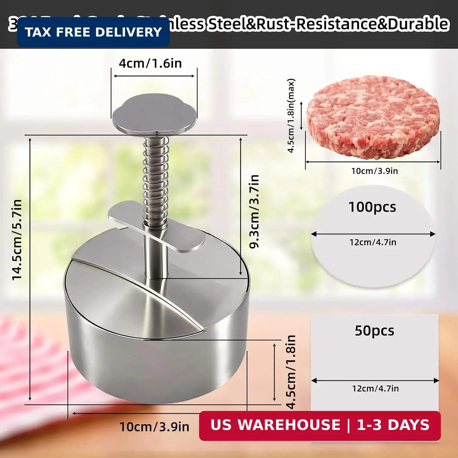 304 Stainless Steel Burger Press, Heavy Duty Adjustable Hamburger Meat Press Mak gallery