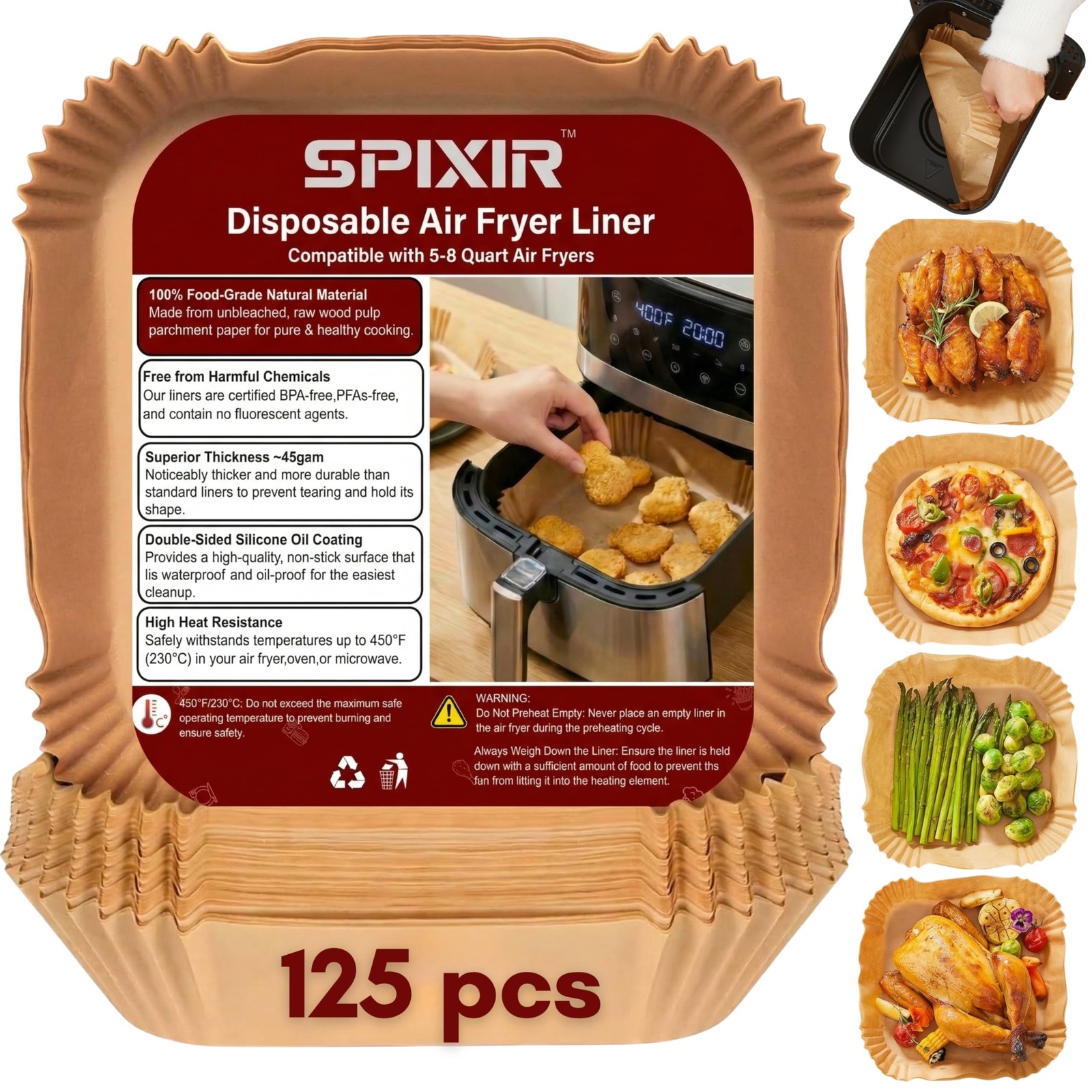 Air Fryer Liners Disposable, 125Pcs Paper Liners, 8"Square, Brown gallery