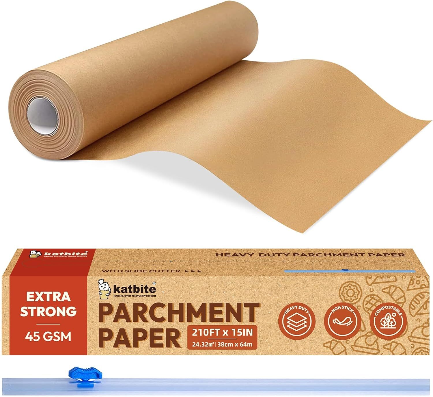 Katbite Unbleached Parchment Paper for Baking, 15 in x 15 x 210 ft, Brown gallery