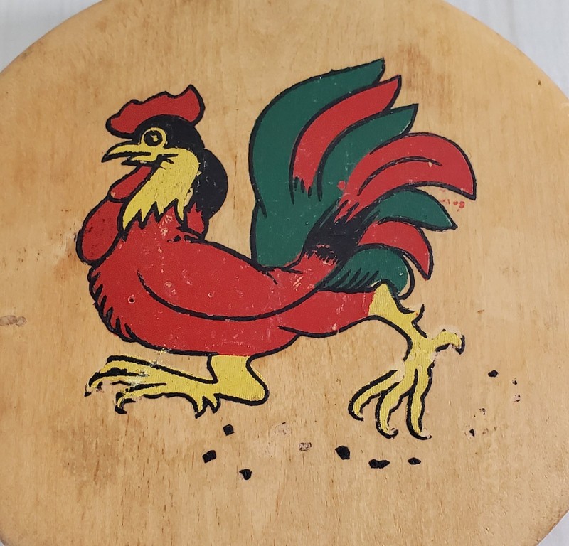 Vintage Wooden Burger Press with Rooster Design Hand Painted Lid Mid Century gallery