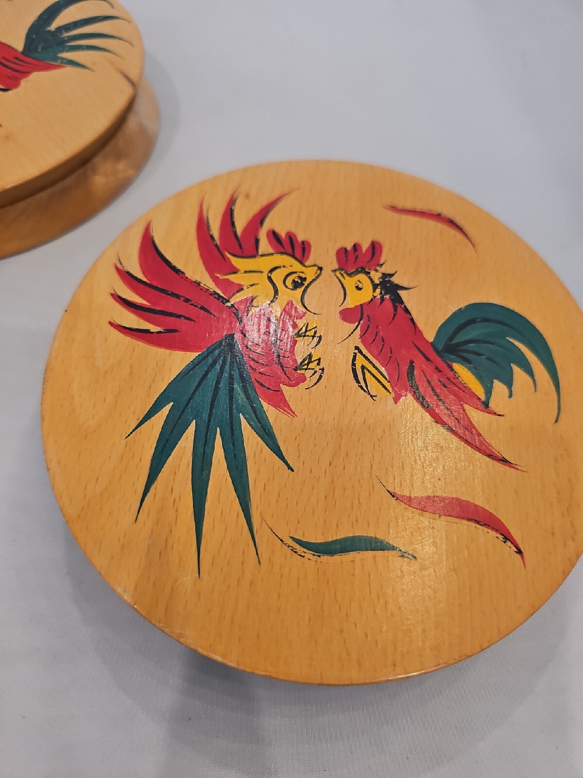 Vintage Wooden Wood Hamburger Presses Hand Painted Folk Art Chickens Rooster S4 gallery