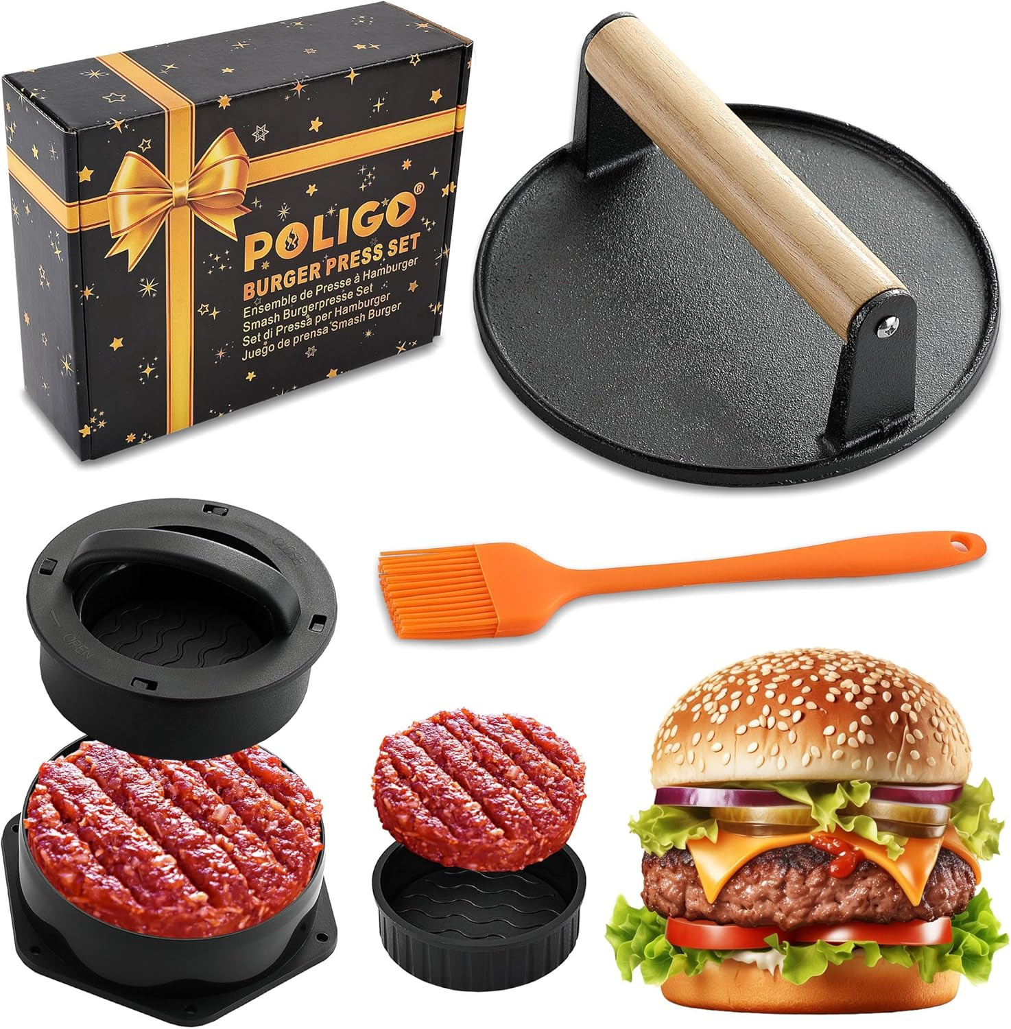 POLIGO Smash Burger Press Kit - 4 in 1 Hamburger Patty Storage Containers, 6.69" gallery