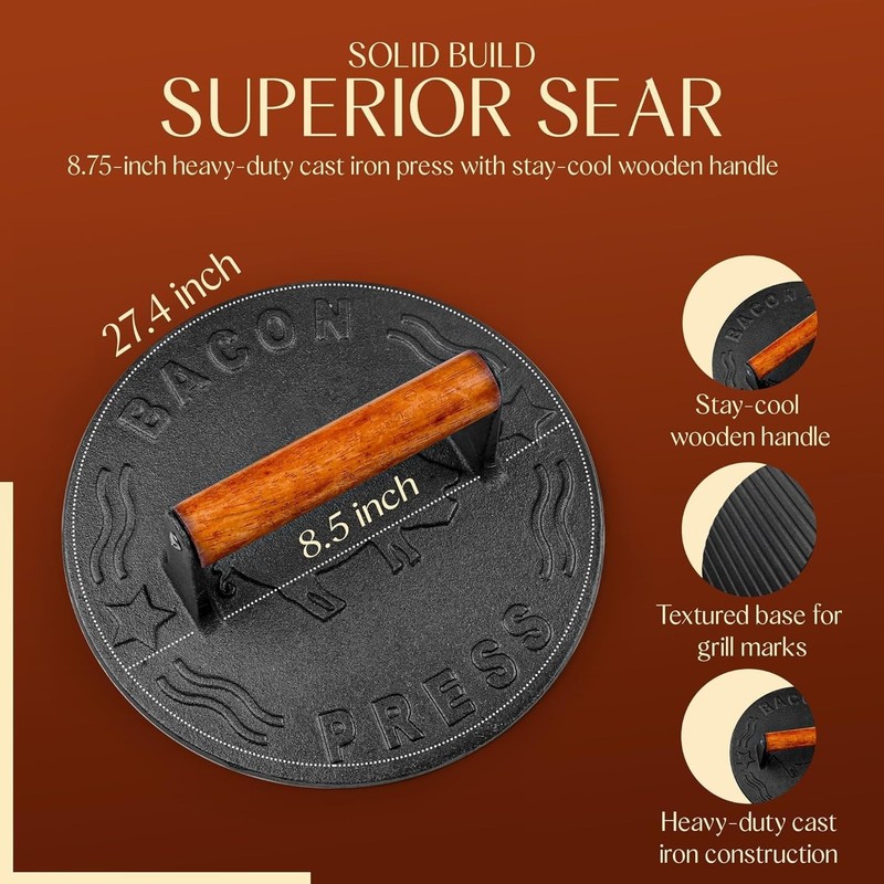 Perfect Searing Cast Iron Burger Smashing Press, 8.5" - Grill Marks Every Time gallery