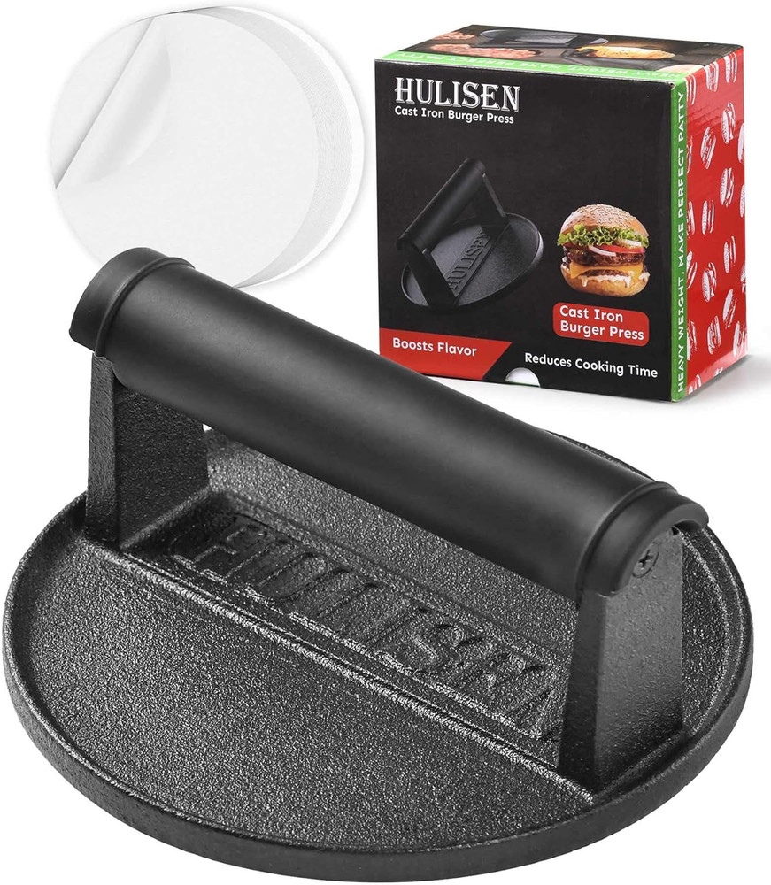 Pre-Seasoned Cast Iron Burger Press Includes 100 Pcs Patty Paper, 2.3Lb Heavy Du