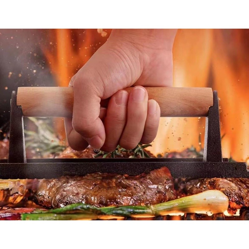 Cast Iron Flat Press Cooking Tool W/ Wooden Handle Easy Clean Ideal Grilling New gallery