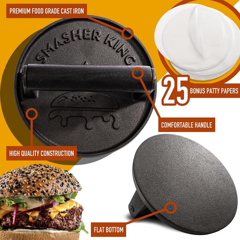 Premium Cast Iron Burger Press with 25 Patty Papers, Griddle Smasher Tool, Black gallery