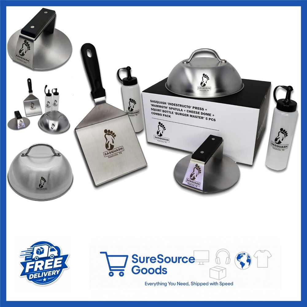 5 Piece Smash Burger Set with 6 Inch Press, Spatula, Dome & Squirt Bottles