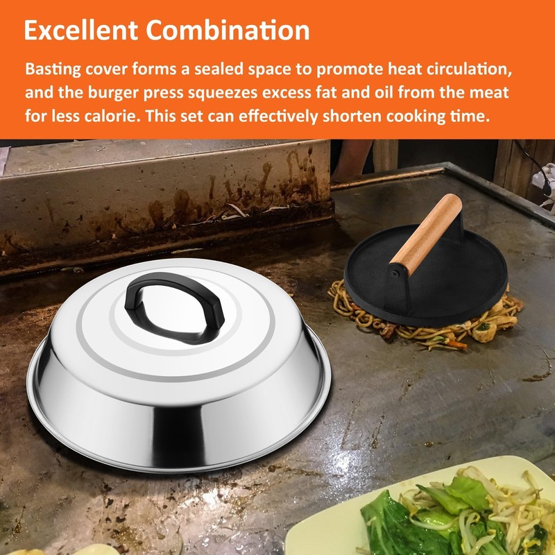 Melting Dome & Cast Iron Grill Press 12"Basting Cover with Round Bacon Burger gallery