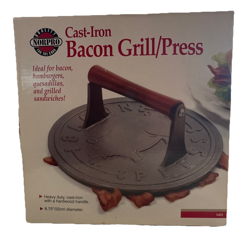 Norpro Cast Iron Grill Press Heavy Duty Bacon Burger Meat Press with Wood Handle gallery