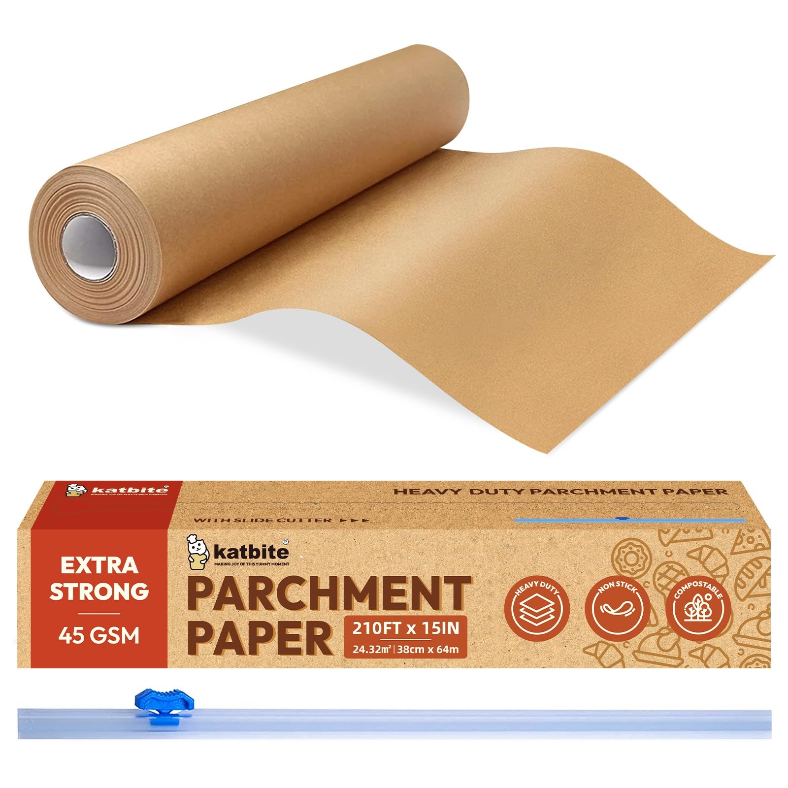 Katbite Unbleached Parchment Paper for Baking, 15 in x 15 x 210 ft, Brown gallery